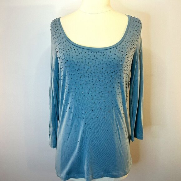 TALBOTS Women's Blue 3/4 Sleeve Beaded Stretch Knit Top - Size Small - NWT. 70% - Picture 1 of 4